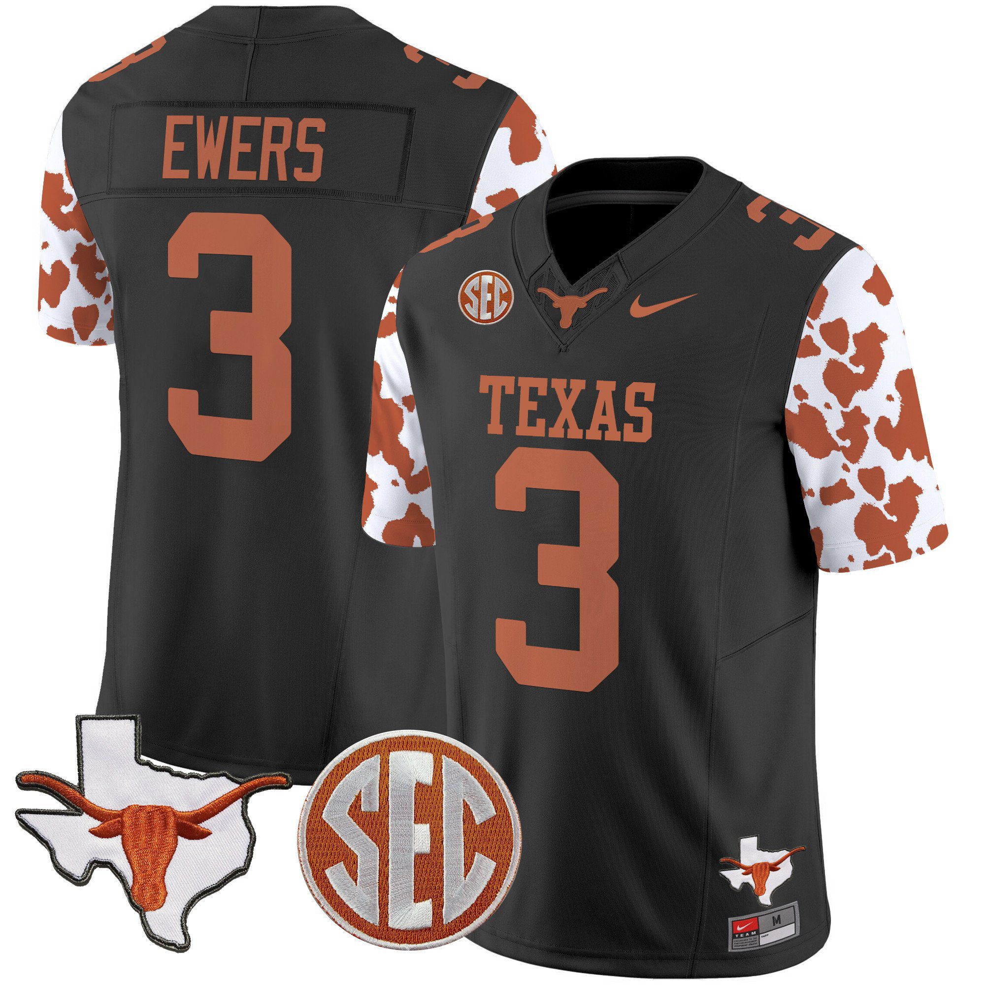 Men Texas Longhorns #3 Ewers Black 2024 Nike Cow Spots Vapor Limited NCAA Jersey